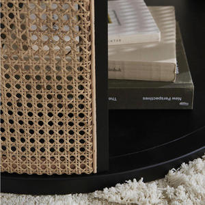 Modern Light Luxury Solid <b>Wood</b> <b>Round</b> <b>Coffee</b> <b>Table</b> With Natural Rattan Side Panels and Open Storage For Living Room Apartment - Product Image 4