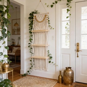 Handmade Three Tier Macrame Wall <b>Shelf</b> With Wooden Platforms For Books Plants Candles Storage And Display Wholesale From India - Product Image 4