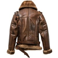 Blouson aviateur en cuir véritable marron pour homme, doublure Sherpa, séchage rapide, fermeture éclair, col montant, coupe classique, logo frontal, idéal pour l'automne