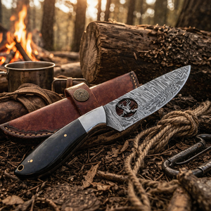 Cuchillo de Camping Personalizado Hecho a Mano de Acero de Damasco con Punta Clip de 3mm, Mango de Cuerno Negro, Funda de Cuero, Grado DIY, OEM Disponible, 9 pulgadas - Product Image 6