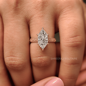 Bague de fiançailles de luxe personnalisée en diamant taille marquise hollandaise de 3 carats, gravée vintage, avec anneau épais et 6 griffes - Product Image 3