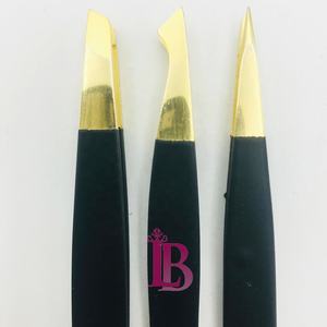 Pinzas Profesionales para Cejas, Pinzas para Cejas de Visón Negro, Juego de Pinzas Rectas y Oblicuas de Acero Inoxidable con Punta Dorada y Logotipo - Product Image 4