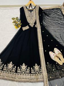 Conjunto de traje Anarkali de georgette negro de lujo con bordado pesado de oro Zari, vestido largo Kurti, ropa de fiesta india y pakistaní para bodas, Salwar K - Product Image 4