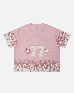 XXL Size Pink Oversized Crop T-<b>Shirt</b> Short Sleeve V-Neck With <b>Flame</b> Pattern And Number 77 Print Street Style Men's Jersey Top - Product Image 1