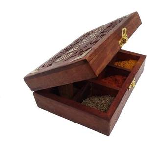Boîte à épices en bois artisanale avec couvercle en verre et cuillère, 9 compartiments, Masala Dabba indien pour comptoir de cuisine - Product Image 1