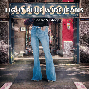 Jean évasé taille haute pour femme en denim bleu clair délavé, style vintage décontracté, longueur intégrale, en coton déchiré, style automne - Product Image 6