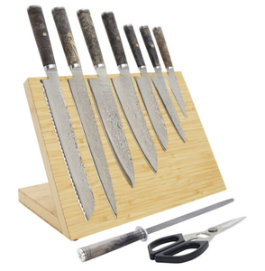 Ensemble de couteaux de cuisine à manche marron avec lames à motifs argentés, support de présentation marron clair, ciseaux et aiguiseur pour la préparation des aliments - Product Image 1