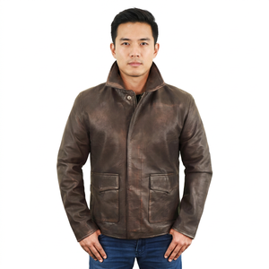 Chaqueta de Moto de Cuero para Hombre, Cuello Alto, Cierre de Cremallera, Color Sólido, Corte Regular, para Otoño - Product Image 3
