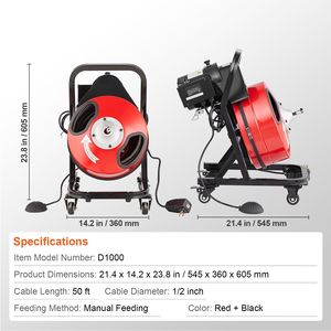 Macchina per la pulizia di scarichi con spirale a serpente da 50FT x 1/2 pollice a alimentazione manuale e ruote - Product Image 3