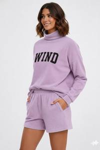 Ensemble short et haut à col montant pour femme, en molleton polyester/coton uni, style streetwear, écologique, séchage rapide, respirant, léger - Product Image 6