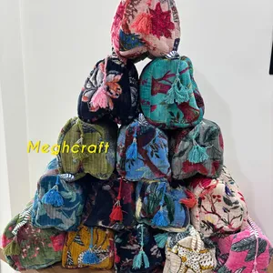 Velvet Quilted Toiletry <b>Bag</b> <b>Set</b> of 3 Block Print <b>Bags</b> Toiletry <b>Bag</b> Cosmetic <b>Bags</b> for Women Water proof Polythene with 4 Pocket - Product Image 5