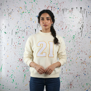 Cream Crew Neck Sweatshirt With Embroidered Number 21 Front Regular Fit Unisex Knitted <b>Pullover</b> Casual Wear URBAN PRODUCTIONS - Product Image 1