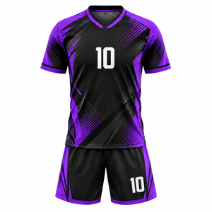 Maillot de football en polyester sublimé pour homme, manches courtes, col en V, anti-humidité, imprimé géométrique noir et violet, nom d'équipe personnalisé - Product Image 1