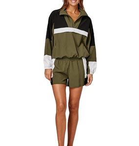 Women Color Block Tracksuit Set <b>Half</b>-<b>Zip</b> <b>Jacket</b> Shorts Breathable Lightweight Sporty Style Spring Outfit - Product Image 1