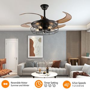 Ventilatore da Soffitto Industriale a 4 Pale da 48 Pollici con Design a Gabbia, Luce LED Nera con Telecomando per Soggiorno e Camera da Letto, Velocità Regolabile - Product Image 4