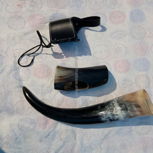 Viking Natural <b>Drinking</b> Horn with leather holder and short horn glass Handmade Polished Viking gift set from India for sale - Product Image 3