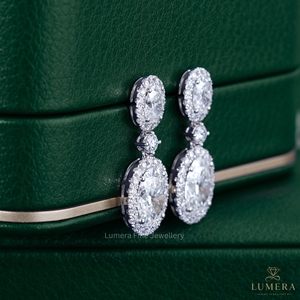 Timeless Oval Lab Grown <b>Diamond</b> Halo Drop <b>Earrings</b> 14K Gold Classic Double Halo <b>Dangle</b> Statement Jewelry for Special Occasions - Product Image 3