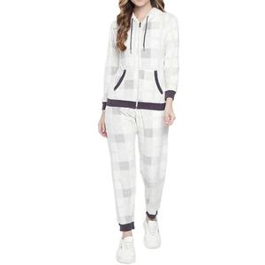 Ensemble de survêtement à carreaux pour femmes, fermeture éclair, à capuche, manches longues, décontracté, deux pièces, avec poches latérales, pour le printemps - Product Image 1