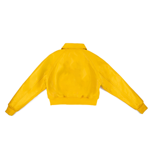 แจ็คเก็ตบอมเบอร์หนังเทียมสีเหลืองลายเซ็น รุ่นเรกูลาร์ สไตล์วาร์ซิตี้ แบบซิป ยูนิเซ็กส์ เสื้อคลุมสตรีทแวร์ ทรงพรีเมียม ใส่ได้ในฤดูใบไม้ผลิ - Product Image 4