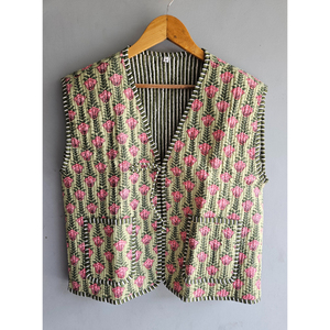Gilet matelassé en coton pour femme, imprimé floral, réversible, respirant, tissé, pour l'automne et l'hiver, cadeau pour elle - Product Image 1