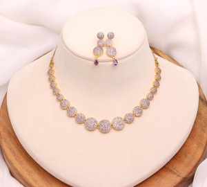 Lavender <b>Ruby</b> Pink Brass 22K Gold Plated Bridal <b>Necklace</b> Set Cubic Zirconia Statement Jewelry for Anniversary Engagement Gift - Product Image 3