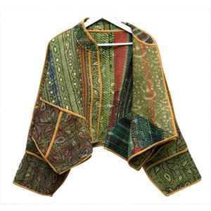 Chaqueta Acolchada de Algodón Transpirable y Ecológica para Mujer, Cuello Mao Verde, Diseño de Patchwork con Ribete, Corte Regular, para Todas las Temporadas - Product Image 2
