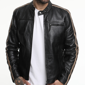 Men'<b>s</b> Black PU Leather Moto <b>Jacket</b> With Brown Stripes Stand Collar Zipper Closure Regular Fit Winter Style - Product Image 4