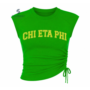 Chi Eta Phi Sorority Women's Bling Rhinestone Ribbed Tank <b>Top</b> Ruched Side Crew Neck <b>Raglan</b> Cap Sleeve Casual Crop <b>Top</b> - Product Image 1