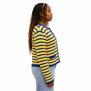 Cárdigan de Punto a Rayas Amarillo y Azul para Mujer, Manga Larga, Cuello Redondo, Botones al Frente, Suéter Informal de Corte Regular para Todas las Temporadas - Product Image 2