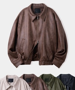 Blouson Bomber en PU beige pour homme, col rabattu, fermeture éclair, coupe ample, vêtement d'automne - Product Image 6