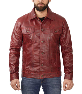 <b>Men</b> Genuine Maroon Leather <b>Trucker</b> <b>Jacket</b> Four Pocket Fashion Casual Leather <b>Jacket</b> - Product Image 6