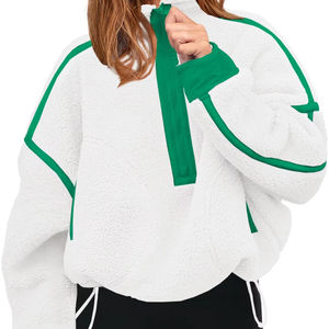 Sudadera con capucha extragrande para mujer, blanca con paneles verdes en contraste, media cremallera, forro polar, manga larga, estilo casual urbano, ecológica - Product Image 1
