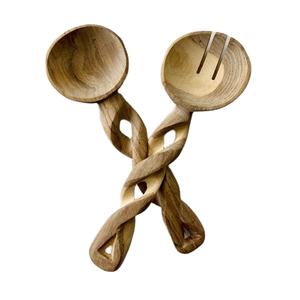 High Fashion Designer Spiral Handle Acacia Wood <b>Spoon</b> and Fork Set Wooden <b>Salad</b> Servers with Long Handle Kitchen Accessories - Product Image 1
