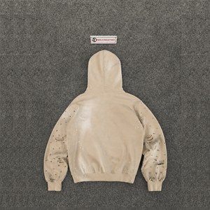 Sudadera con capucha beige extragrande para hombre, exclusiva de invierno, con detalles de cristales de imitación, bolsillos desgastados, estilo streetwear, 100% algodón - Product Image 6