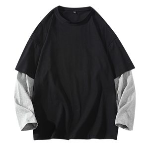 Camiseta Negra Extra Grande para Hombre con Mangas Largas en Contraste Gris, Cuello Redondo, Estilo Casual, Tejido de Algodón, Estilo Urbano - Product Image 5