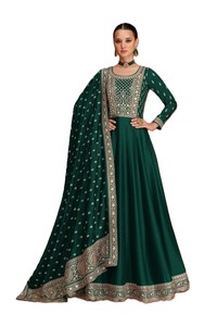 Emerald <b>Green</b> <b>Silk</b> Anarkali Suit with Zari and Sequin Work Traditional Dress for Wedding Occasions Women India Pakistan Style - Product Image 4