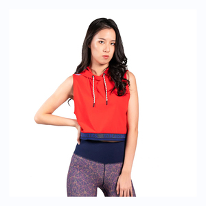 Women <b>Red</b> Sleeveless Hooded Crop Top Knitted Breathable Solid Color Summer Wear 100% Polyester Sweatshirt Style - Product Image 2