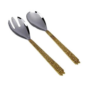 Indian Handmade Stainless Steel <b>Salad</b> <b>Server</b> With Long Brass Embossed Feather Design Handle for Home & Restaurant Usage - Product Image 6