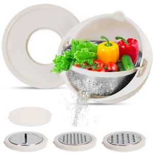 Ensemble de couvercles multifonctionnels en acier inoxydable pour bols mélangeurs, avec 3 râpes interchangeables, passoire, égouttoir et panier de lavage pour fruits et légumes - Product Image 6