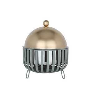 Title: Round Grey Caged Chafing <b>Dish</b> Stainless Steel Food Warmer with Gold Dome Lid and Minimalist <b>Stand</b> for Modern Event Buffet - Product Image 1