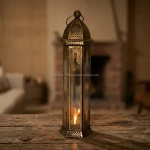 Moroccan Metal Glass Lantern Handmade Perforated Vintage Candle Holder <b>Antique</b> <b>Brass</b> Islamic Decor Elegant Outdoor Garden - Product Image 4