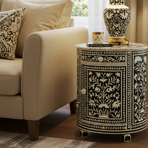 Luxury Modern Black Chevron Bone Inlay <b>Side</b> <b>Table</b> Handcrafted Round Wooden <b>Drum</b> Accent <b>Table</b> Bedroom Furniture - Product Image 1