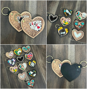 <b>Custom</b> Hand Tooled Leather Heart Keychain Card Design Handmade Genuine Cowhide Leather <b>Key</b> Ring Rodeo Gift Accessory for Unisex - Product Image 3