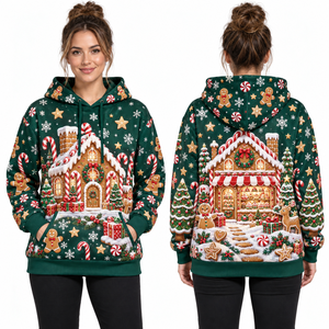 Women's Christmas Gingerbread House Printed Hooded Sweatshirt Full Sleeve Knitted Winter Pullover Green Patterned Design - Product Image 1