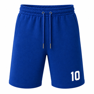 Shorts de sport décontractés bleus unis pour hommes avec cordon de serrage et imprimé numéro 10, avec poches, motif uni, pour la gym et la course à pied - Product Image 1