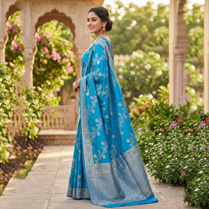Sari en soie Banarasi bleu royal, design tissé riche en Zari |   Tenue Traditionnelle Indienne pour Diwali, Cérémonies et Fêtes, Infroissable et Séchage Rapide - Product Image 2