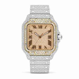 Reloj de Lujo para Hombre, Dos Tonos, Completamente Cubierto de Moissanita, Esfera Romana de Acero Inoxidable, Cuarzo - Product Image 3