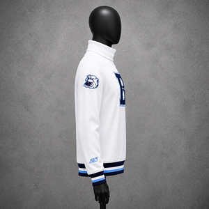 Veste de sport d'hiver personnalisée blanche et bleue à col montant, avec impression en relief, séchage rapide, en polaire polyester/coton - Product Image 4