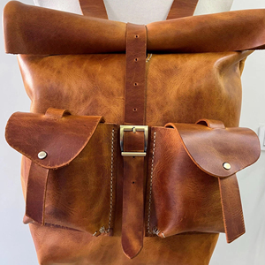 Genuine Leather <b>Roll</b> Top <b>Backpack</b> Mens Tech Travel Bag Cowhide Laptop Rucksack Internal Organizer Pocket LTBP-0126 - Product Image 1