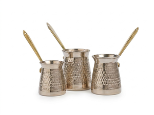 Juego de 3 piezas de cafetera turca plateada, de cobre texturizado y chapado en plata, Cez Ibrik, juego de cafetera árabe premium con mango incrustado. - Product Image 5